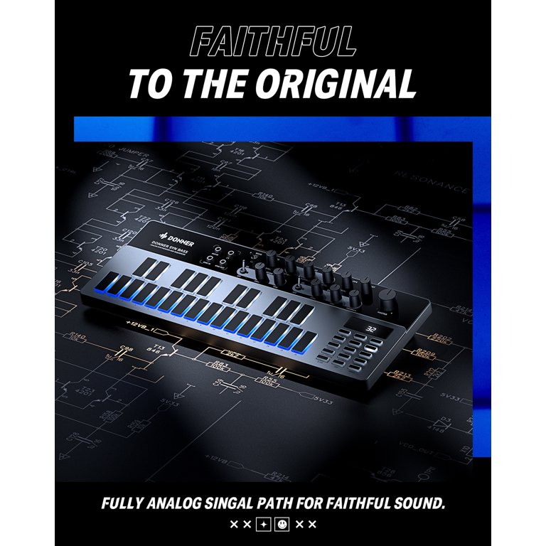 Donner, Analog Bass Synthesizer and Sequencer, 128 Patterns, Black