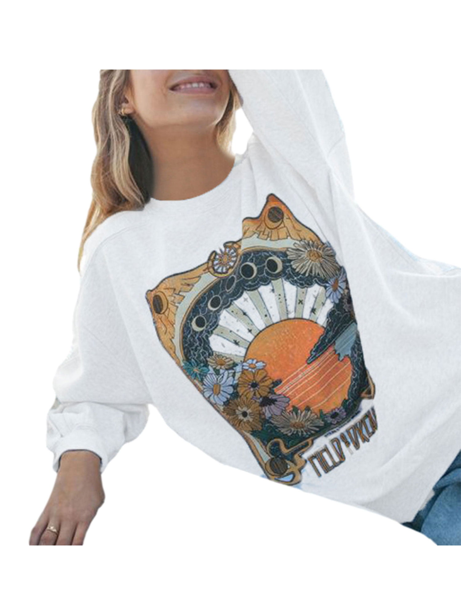 Women Oversized Graphic Sweatshirt Crew Neck Long Sleeve Pullover Top Teen  Girls Aesthetic Printed Hoodies 