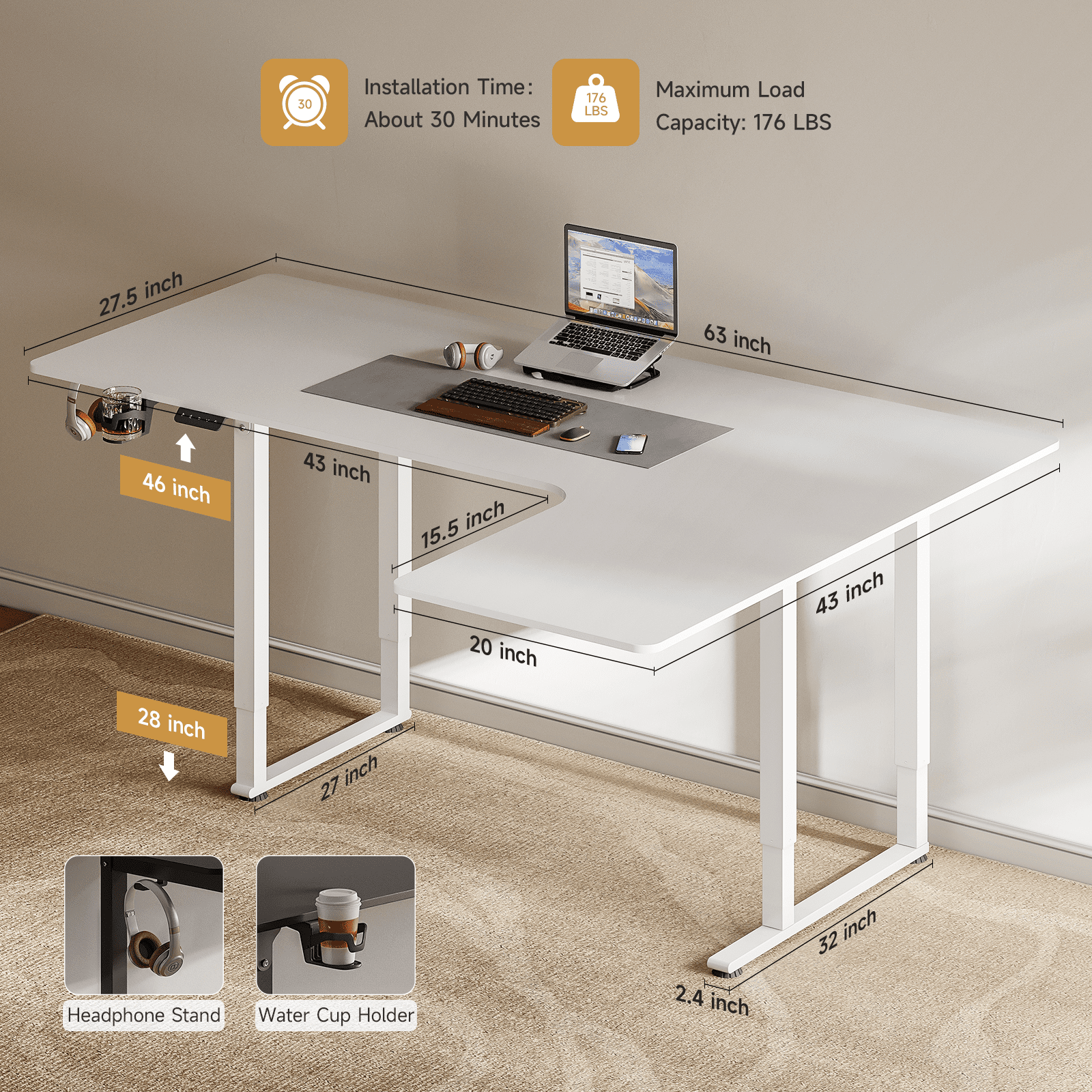 71x43 Inches L Shaped Standing Desk,  Electric L Stand Up Desk with 4 Legs, Adjustable Height from 28-46 Inches for Home and Office, White