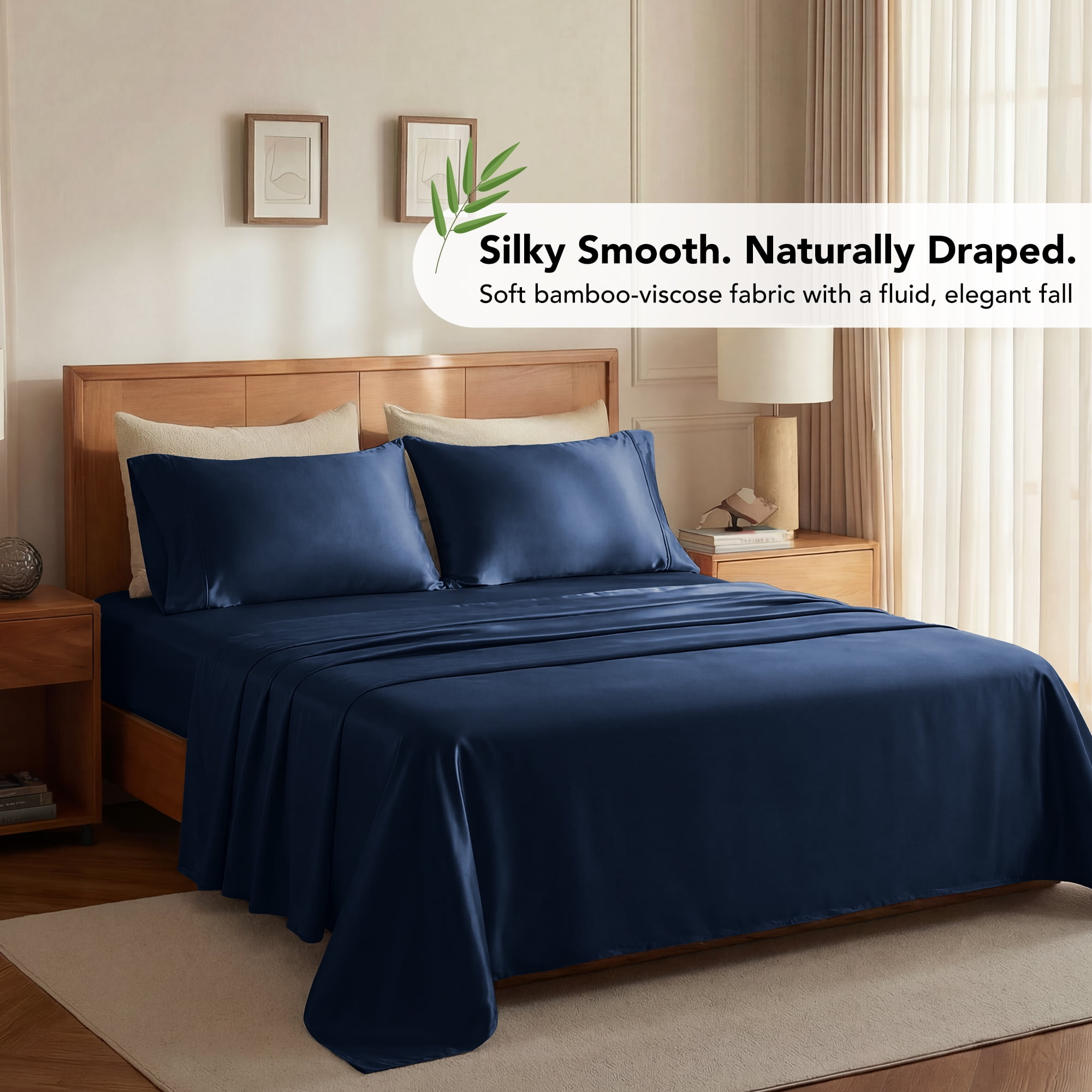 Deconovo Bed Sheets Set - Soft Breathable Bamboo Satin 4 Piece Eco-Friendly Moisture-Wicking Bedding, Navy Blue, Queen Size