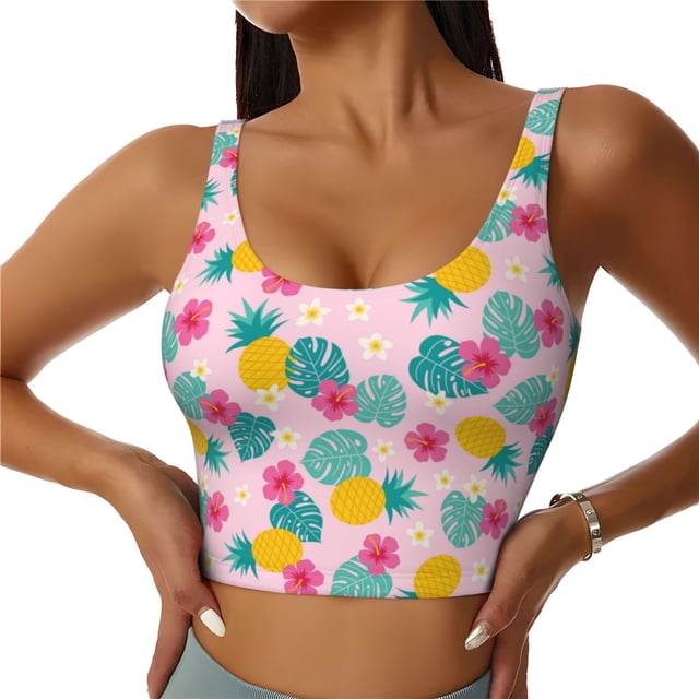 Fotbe Pineapple And Leaves Sujetador Deportivo Largo sin Aros para Mujer con Almohadillas y Soporte Medio, Transpirable y Absorbente, Camiseta Tipo Chaleco o Tank Top-Medium