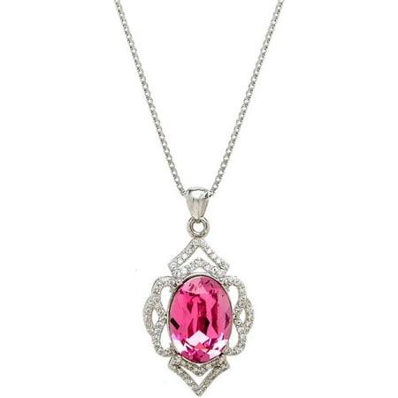 American Designs Sterling Silver Jewelry, Cubic Zirconia (CZ) and Oval Pink Swarovski Crystal Rose Art Deco Estate Look Pendant, Colorful Charm Necklace Chain 18