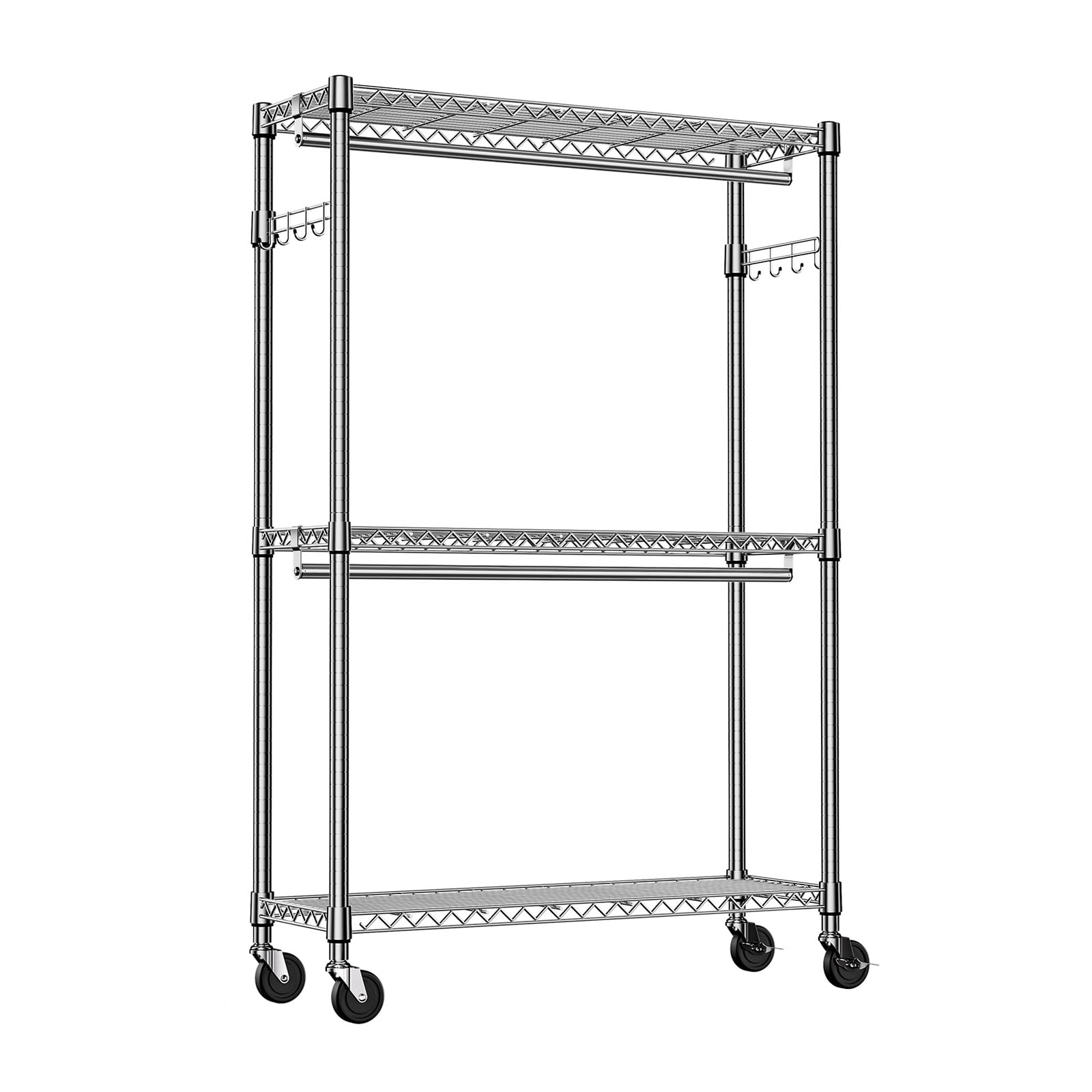 Heavy Duty Rolling Garment Rack, 3 Tiers Adjustable Wire Shelving Clothes Rack with 2 Rods and Side Hooks, Storage Closet Clothing Rack with Wheels Chrome 15.7" D x 45.3" W x 79.6" H
