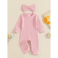 thumbnail image 2 of Suealasg Baby Girls Full Length Jumpsuit 3 6 9 12 18 Months Infant Long Sleeve Ribbed Rompers Headband Spring Fall Bodysuit Clothes for Newborn Girls, 2 of 7