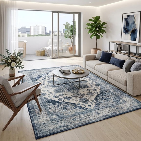 HIWEAVER Blue 10′ x 13′ Distressed Floral Vintage Area Rug for Living Room Washable Non Slip Indoor Carpet for Bedroom Decor Low Pile Farmhouse Floor Cover