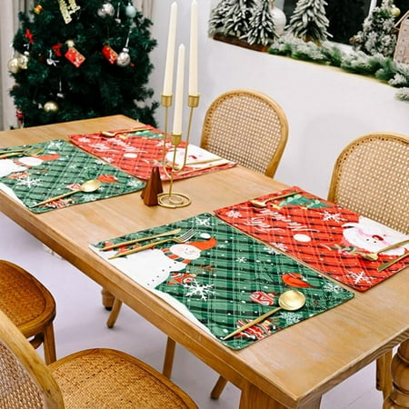 

4Pcs Christmas Placemat Heat-resistant Christmas Snowman Santa Plaid Placemat for Kitchen Holiday Christmas Table Decor 45*35cm