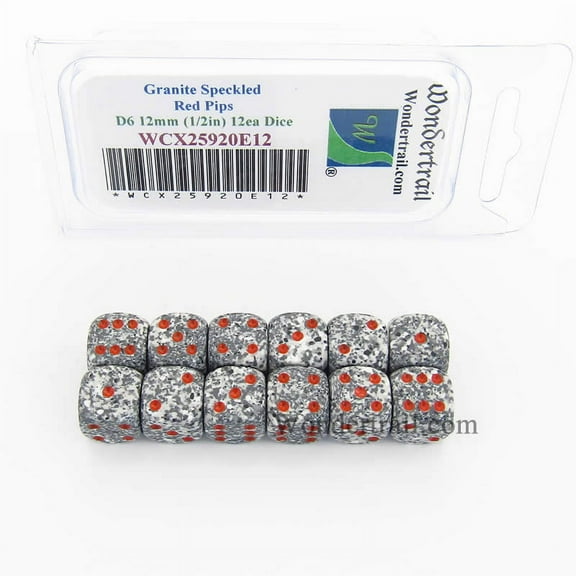 Granite Speckled Dice with Red Pips D6 12mm (1/2in) Pack of 12 Wondertrail