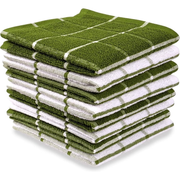 MALLOWEX 100% Cotton Terry Kitchen Dish Cloth Set, 12 x 12 in, Green, 8 Pack