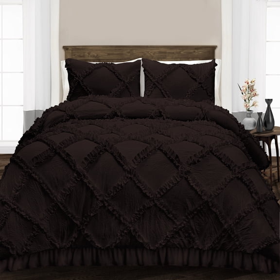 Full/Queen Comforter Diamond Ruffle Chocolate Luxurious Collection Microfiber Fill Duvet Insert Box Stiched Quilted Fluffy Soft All Season Comforter with Pillowcases & Premium Piping