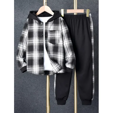 

GEDER-FAKids Boys Plaid Button Front Hooded Shirt + Sweatpants Set Kids Clothes Fall Winter Outfits White Tee Not Included