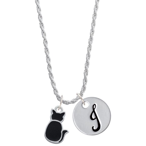 Delight Jewelry Silvertone Large 2-D Black Cat Back Silvertone Script Initial Disc - J - Charm Necklace, 20"+3"