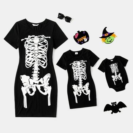 

PatPat Glow In The Dark Skeleton Girls Halloween Costume Short Sleeve Black Bodycon T-shirt Dress for Mom and Me