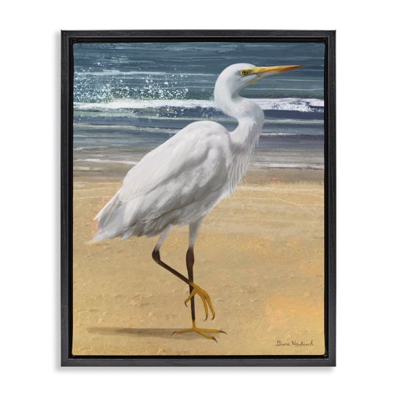Stupell Industries Rustic Lodge White Heron Bird Standing Beach Shoreline Waves Black Floating Frame Canvas Art, 17 x 21, by Diane Neukirch