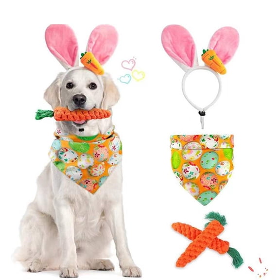 Dog Easter Costume Cute Bunny Ears Headband Easter Eggs Bandana Puppy Funny Rabbit Carrot Chew Toys 3Pcs Easter Party Gifts Medium Large Dog Easter Outfit Clothes Accessories