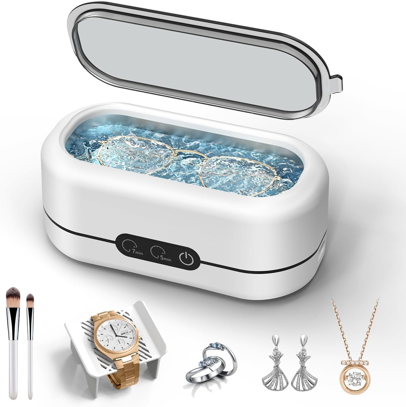 Ultrasonic Jewelry Cleaner, 48KHz Ultrasonic Cleaner Machine for Jewelry, Glasses, Rings, Retainers, Watch Strap, Dentures, 304 Stainless Steel 12.32oz Cleaning Pod