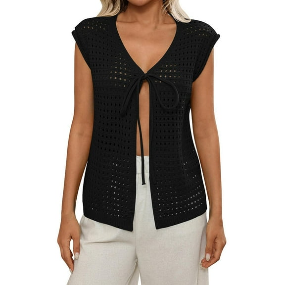 Summer Tank Top Women Boho Crochet Knit Sweater Vest V Neck Sleeveless Open Tie Front Crop Tops Casual Beachwear