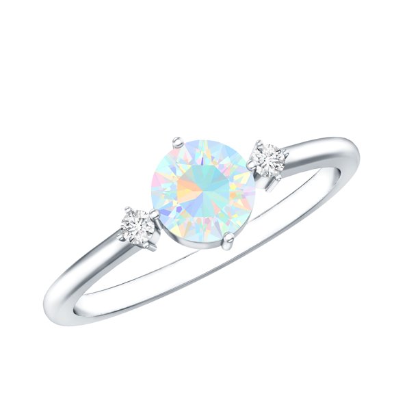 Rosec Jewels Natural Ethiopian Opal Promise Ring with Diamond - AAA Quality - Ready to Gift for Valentines Day, 925 Sterling Silver, US 4.00