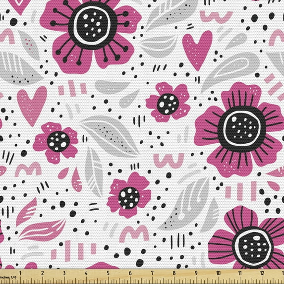 Floral Upholstery Fabric by the Yard, Cartoon Illustrated Pinkish Flowers Drawing Leaves Blots and Dots Composition, Decorative Fabric for DIY and Home Accents, Grey and White by Ambesonne