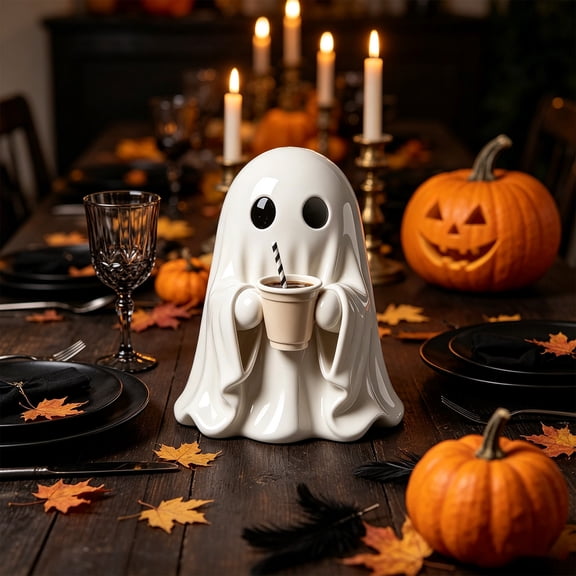 Clearance Gunhay Halloween Coffee Bar Ghost Figurine, Funny Ghost Table Decor Resin Halloween Statue with Cup, Spooky Figurine Home Decor for Mantel, Shelf, Desk and Coffee Bar, A
