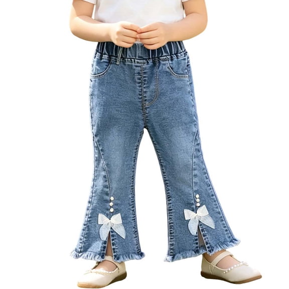 Gealkoca Toddler Girl's High Waisted Bow Front Bell Bottom Jeans Flare Leg Denim Pants Casual Fashion Cute Bowknot Jeans Pants with Pockets 6M-5Y