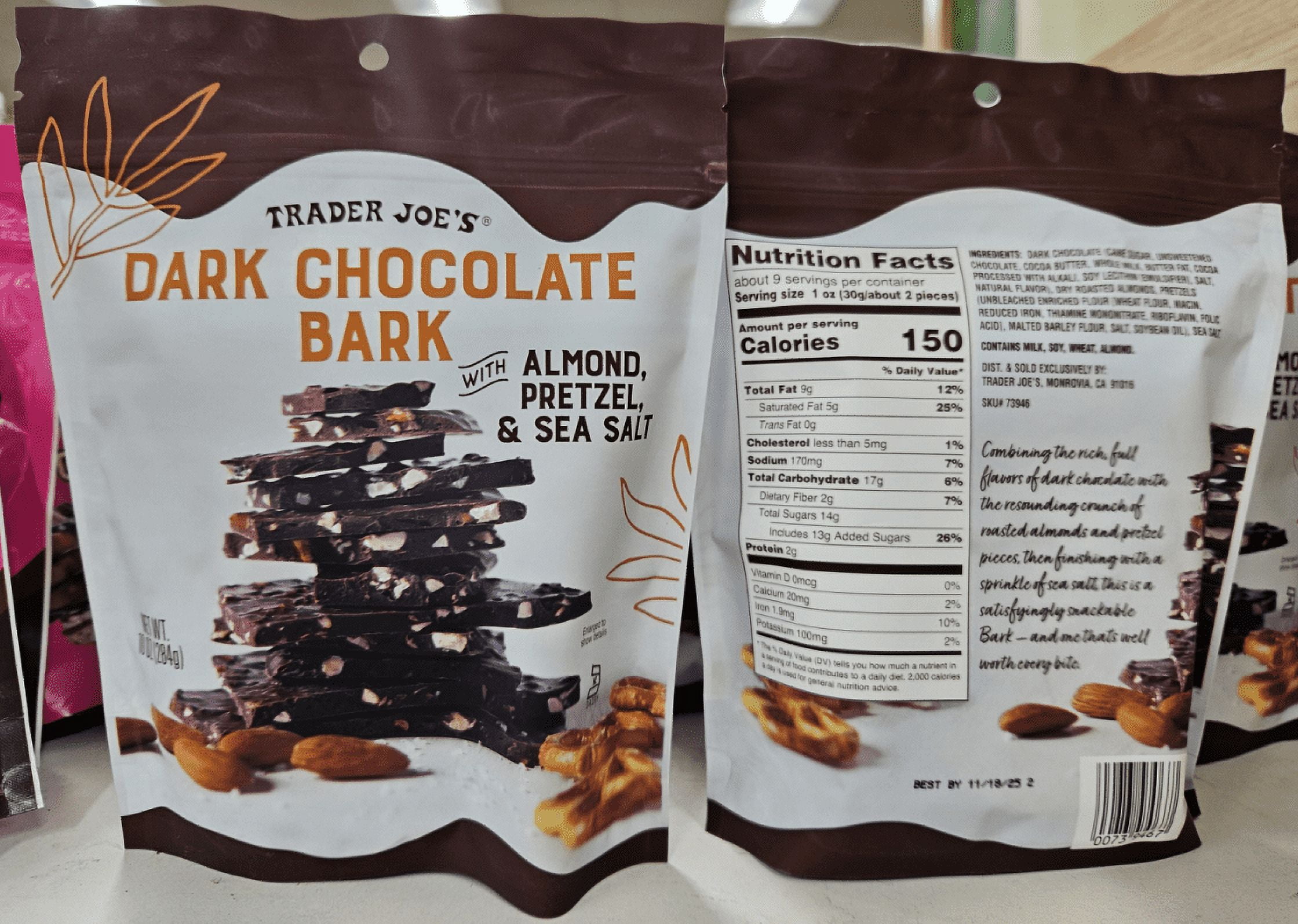 Trader Joe’s Dark Chocolate Bark with Almonds Pretzel & Sea Salt 10oz 284g (2 Bags)