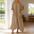 thumbnail image 2 of Maxi Dresses for Women Women's Elegant Casual Solid Color V Neck Elbow Length Maxi Dress with Front Pocket Lightweight Khaki S, 2 of 5