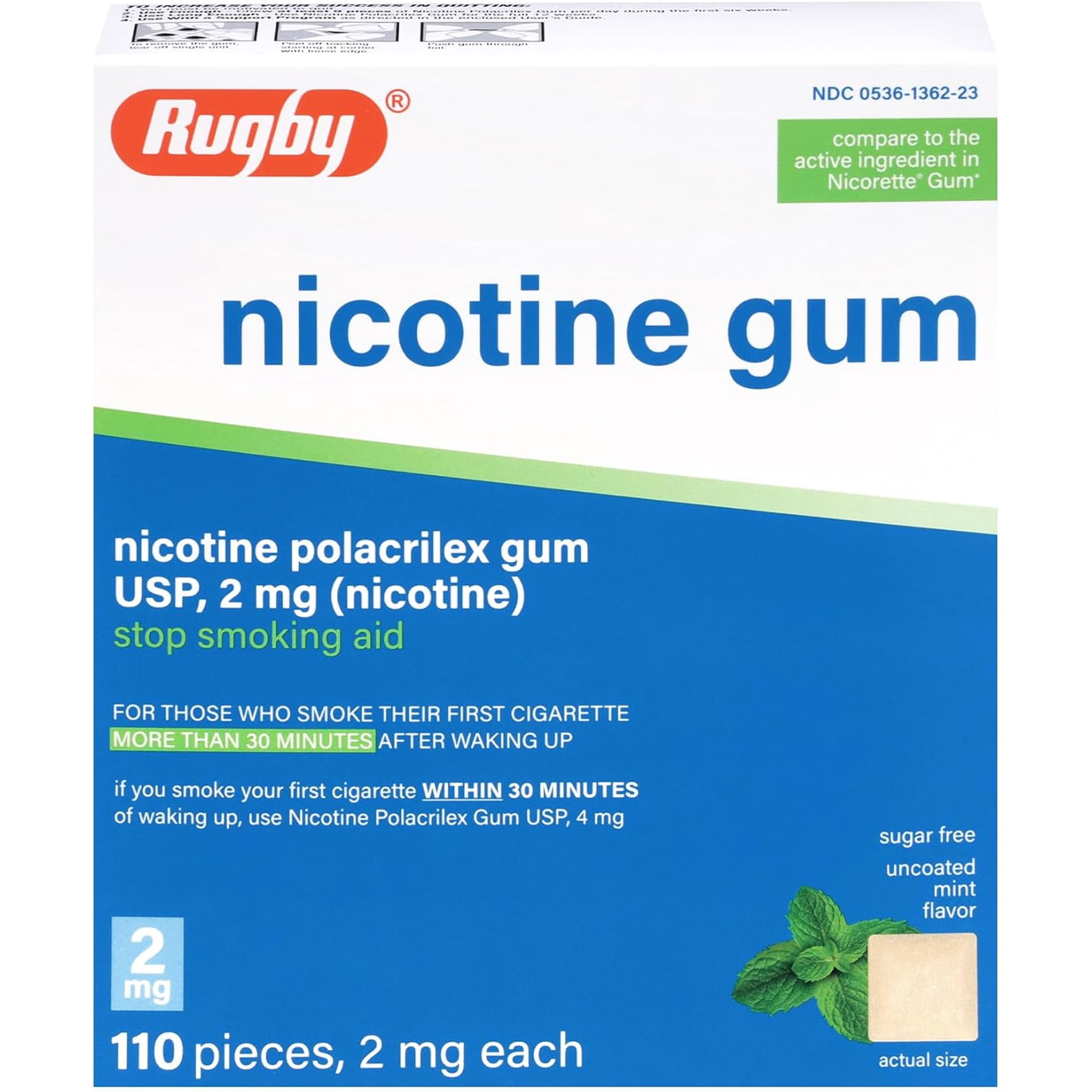 Rugby Polacrilex 2mg Nicotine Gum, Uncoated Mint Flavor, 110 Count (1-Pack)