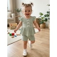 thumbnail image 5 of Loicainy Baby Girl Waffle Knit Outfit Ruffle Sleeve Bow Peplum Top and Shorts Set Toddler Summer Casual Clothes Set, 5 of 10