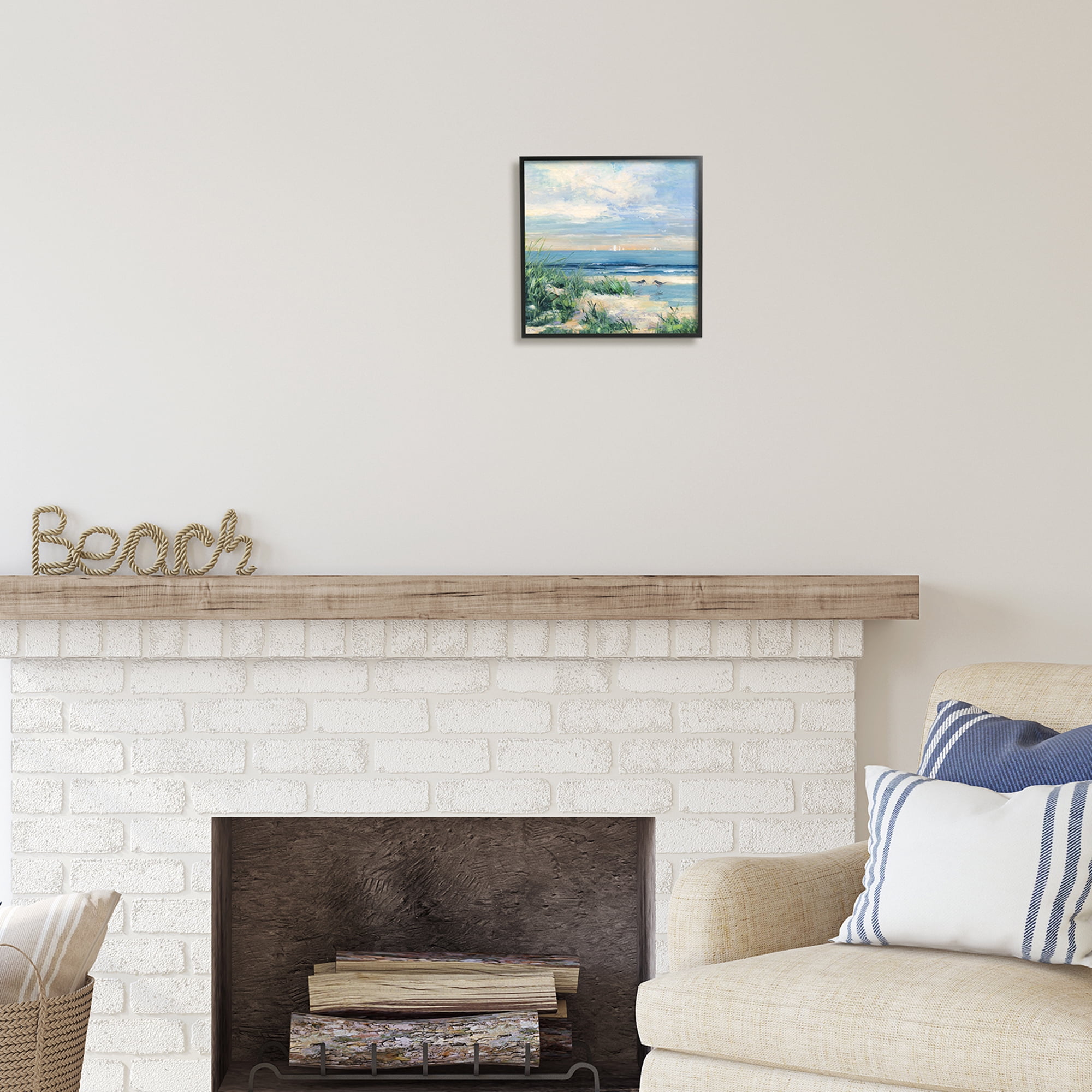 Stupell Industries Nautical Beach Reeds Birds Grazing Shoreline Coastal Painting Black Framed Art Print Wall Art