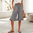 thumbnail image 2 of KDDYLITQ Linen Shorts for Women Elastic Waist Wide Leg Smocked Capris Shorts Beach Summer Ruffle Boho Shorts with Pockets Gray S, 2 of 7