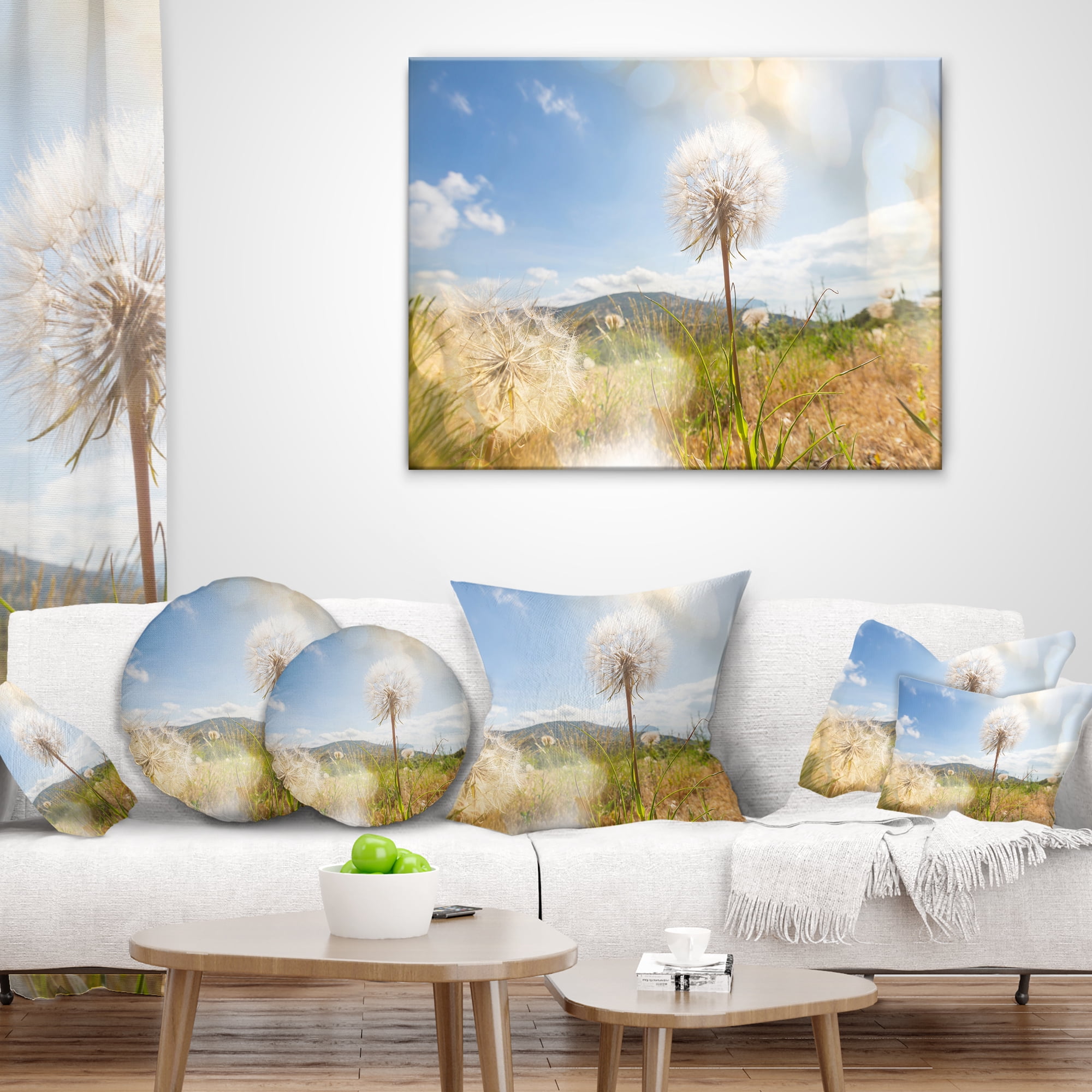 Designart Blooming Dandelion under Bright Sky - Floral Throw Pillow - 12x20