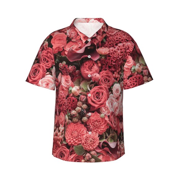 Roses Hawaiian Shirts For Men, Summer Short-Sleeve Relaxed-Fit Button-Down Shirts Small
