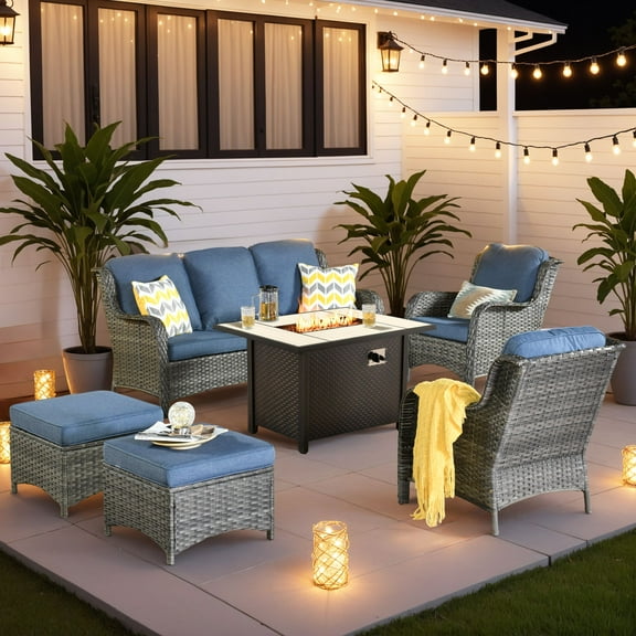 Vcatnet Outdoor Patio Furniture with Fire Pit 6 Pieces Sectioal Sofa All Weather Wicker High-Back Conversation Set with Ottoman for Porch, Deck, Denim Blue