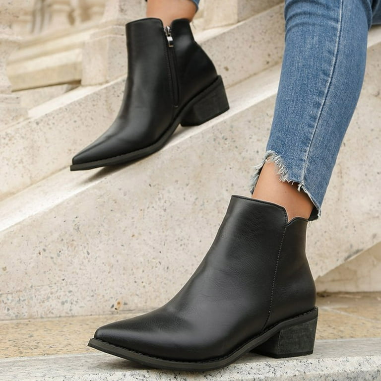 Cbgelrt Chelsea Boots for Women Pointed Side Zipper Thick Heel Ankle Booties Fall Winter Fashion Leather Short Boots Womens Shoes Black 40 Women s