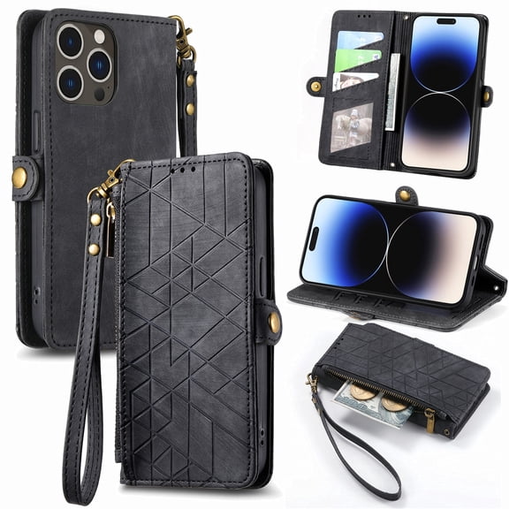 Wallet Case Compatible with iPhone 12/12 Pro, Detachable Wrist Strap PU Leather Card Slots Zipper Pocket Classic Kickstand Embossed Flip Case Cover for iPhone 12/12 Pro, Black