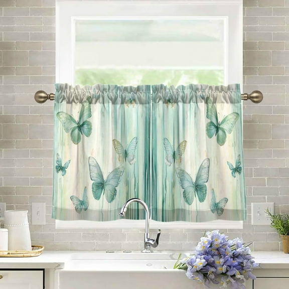 Wobogo Light Green Butterfly Kitchen Curtains 2 Piece Set Farmhouse Country Style Light Filtering Small Window Drapes Suitable for Bathroom Laundry Room and RV 27x24in