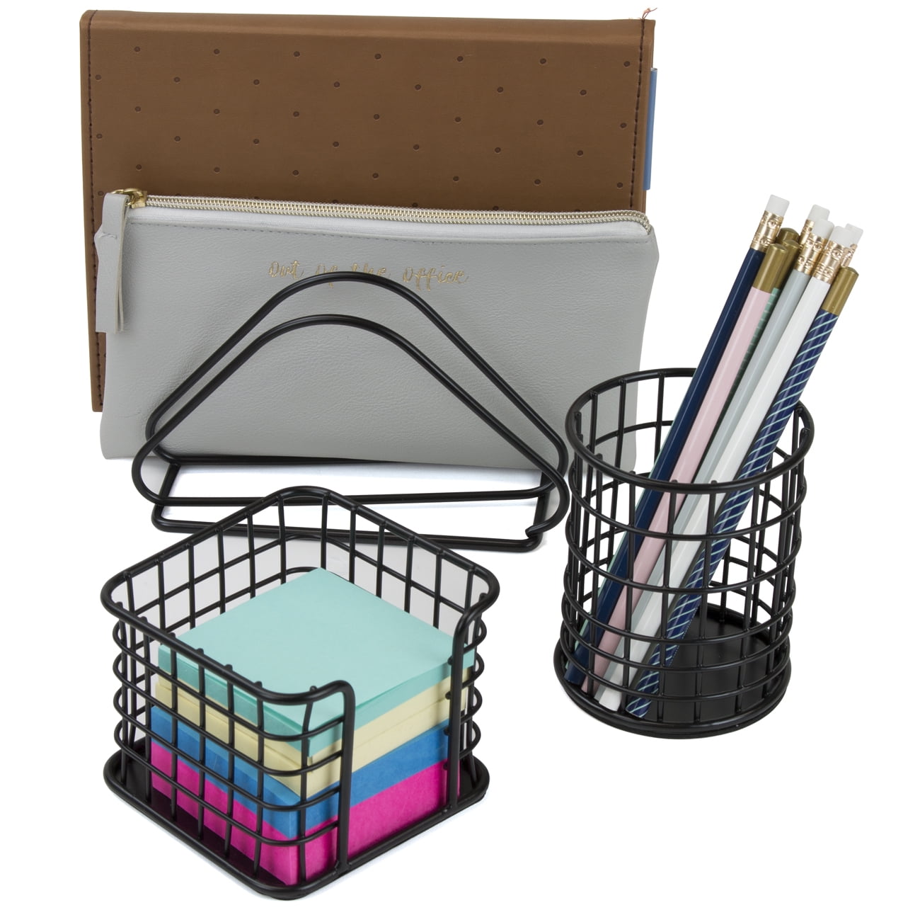 Wire Metal 5 in 1 Desk Organizer Set - Letter Sorter, Pencil Holder, Stick Note Holder, Hanging File Organizer and Letter Tray, Black