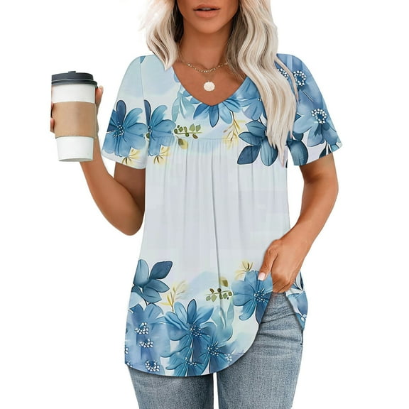 ALLLIST Womens Tops V Neck Short Sleeve Pleated Blouse New Floral Pullover Ladie's Tops