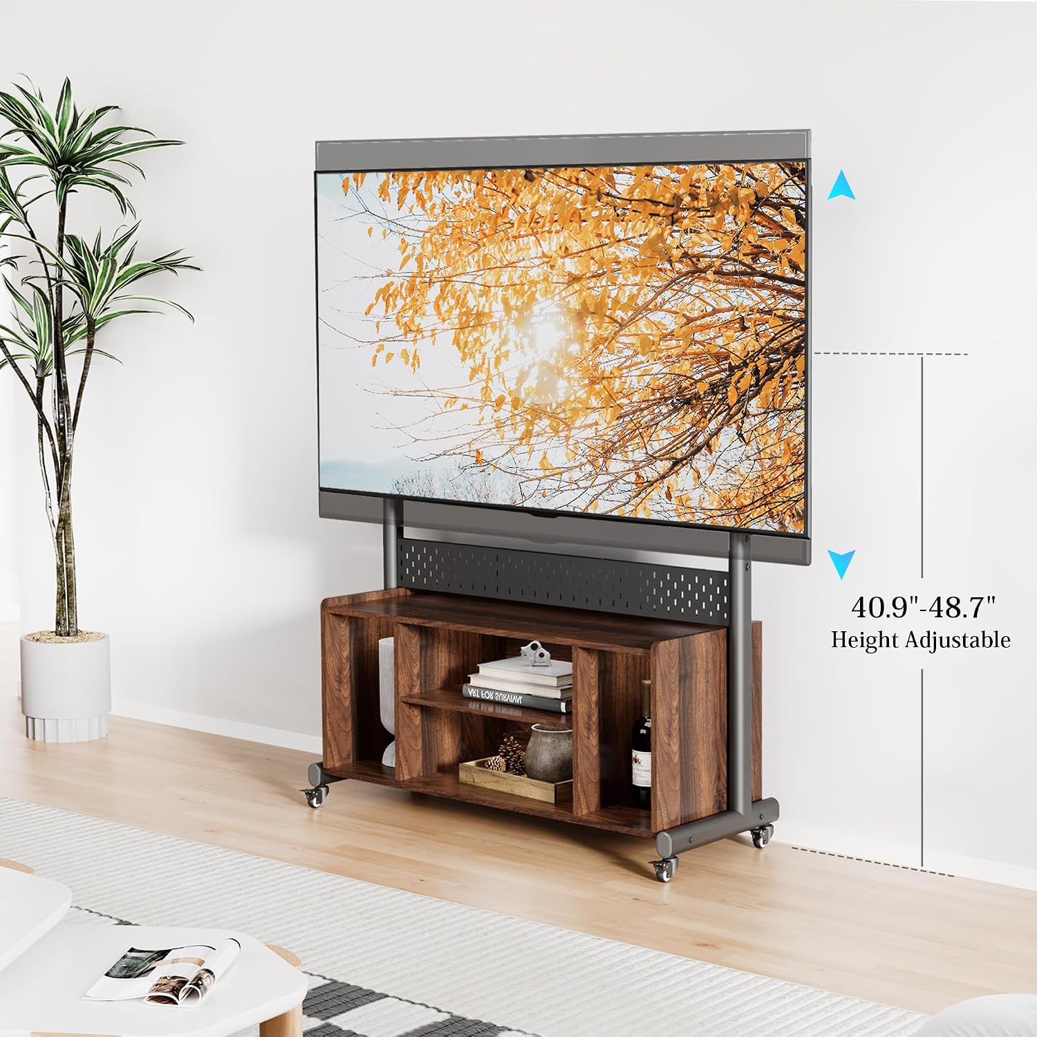 FITUEYES Rolling Entertainment Center for 50–85 Inch TVs, Black, Storage & Pegboard