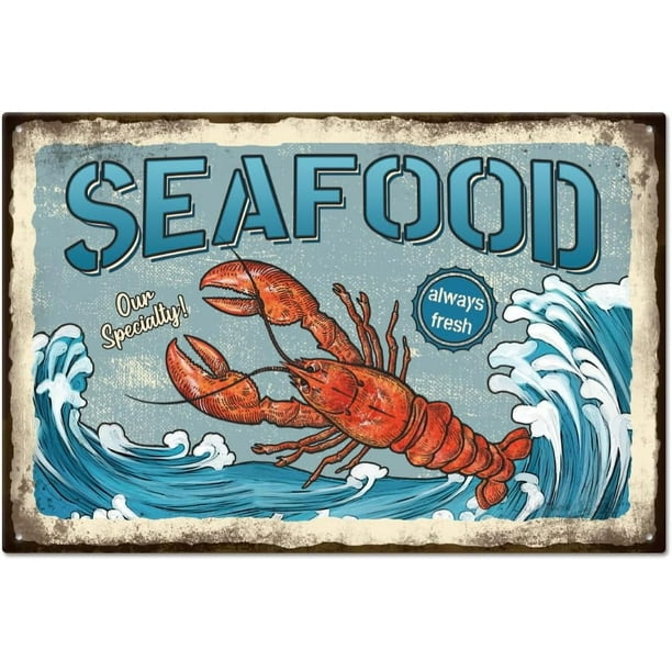 Letrero de metal vintage con langosta y mariscos, con texto divertido, para garaje, letreros personalizados, letreros para jardín, cueva, placa artística, póster, decoración de pared.