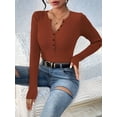 thumbnail image 5 of Women'S Long Sleeve Henley Tops Ribbed Knit Slim Fitted T Shirt Basic Tees Layer Fashion Outfits Chocolate Color S, 5 of 9