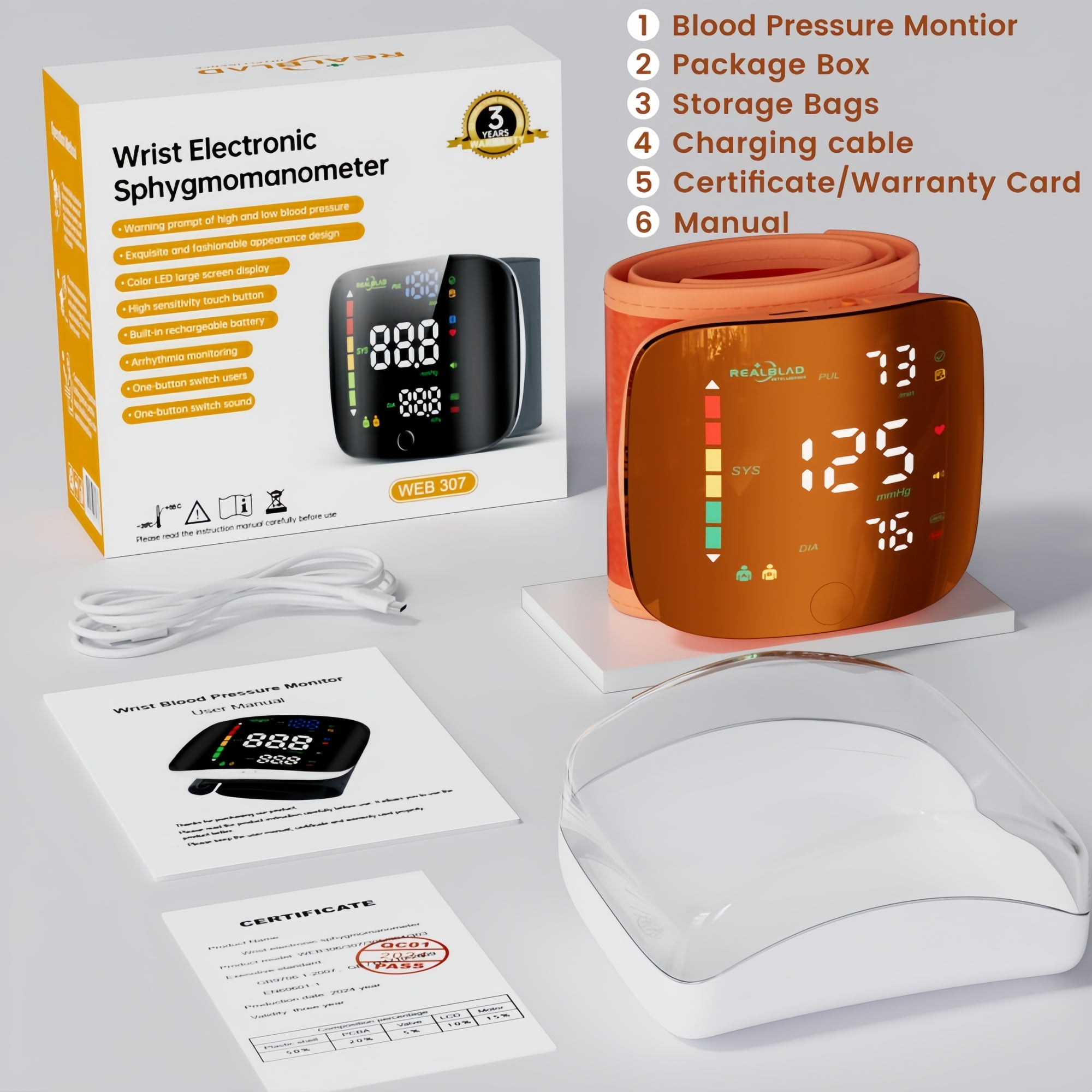 Ziqing Accurate Wrist Blood Pressure Monitor - One-Button Operation, Adjustable Wrist Cuff, Large LED Display, 198 Reading Memory Storage, Rechargeable BP Monitor for Home & Travel - Orange