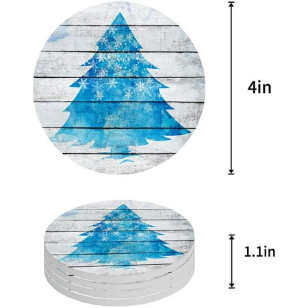 

KXMDXA Christmas Blue Tree Snowflakes Set of 6 Round Coaster for Drinks Absorbent Ceramic Stone Coasters Cup Mat with Cork Base for Home Kitchen Room Coffee Table Bar Decor