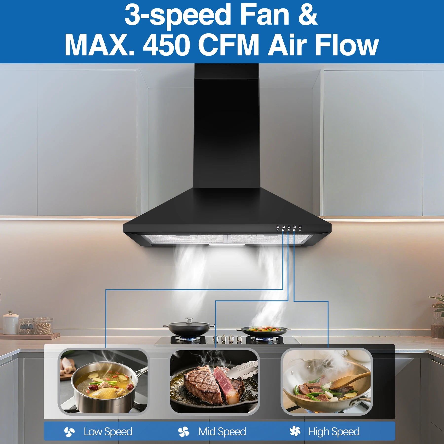 Black Range Hood,Wall Mount Range Hood 24 Inch,Stainless Steel Kitchen Hood Aluminum Filters,3 Speed Exhaust Fan LED Light