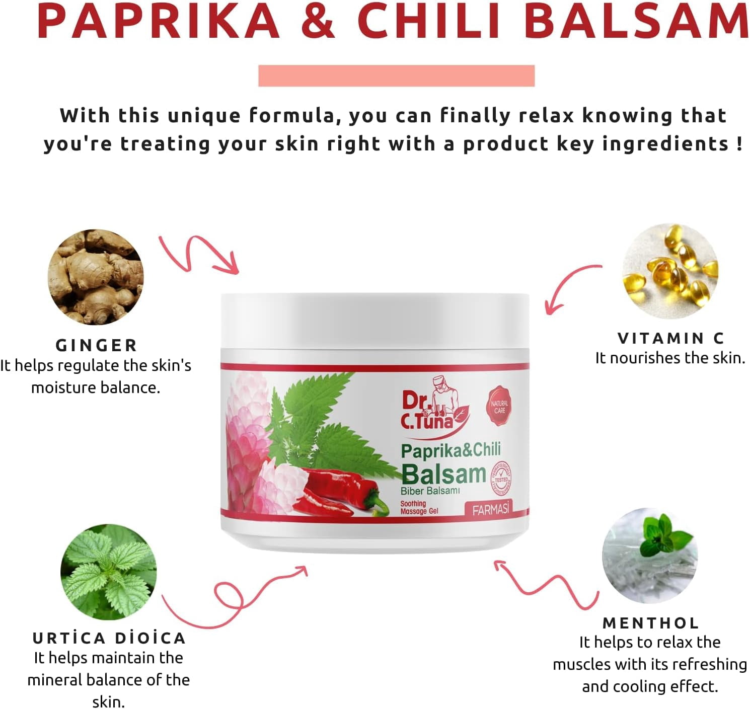 FARMASi Dr. C. Tuna Paprika & Chili Massage Gel – Red Pepper, Ginger Root, Nettle Extract with Mint & Jojoba Oils, Soothing Body Balm, 16.9 fl oz / 500 ml