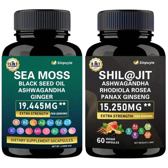 15-in-1 Sea Moss   8-in-1 Shilajit Ashwagandha Supplement Bundle - Extra Strength Multivitamin & Energy Mood Support, 60 Capsules Each