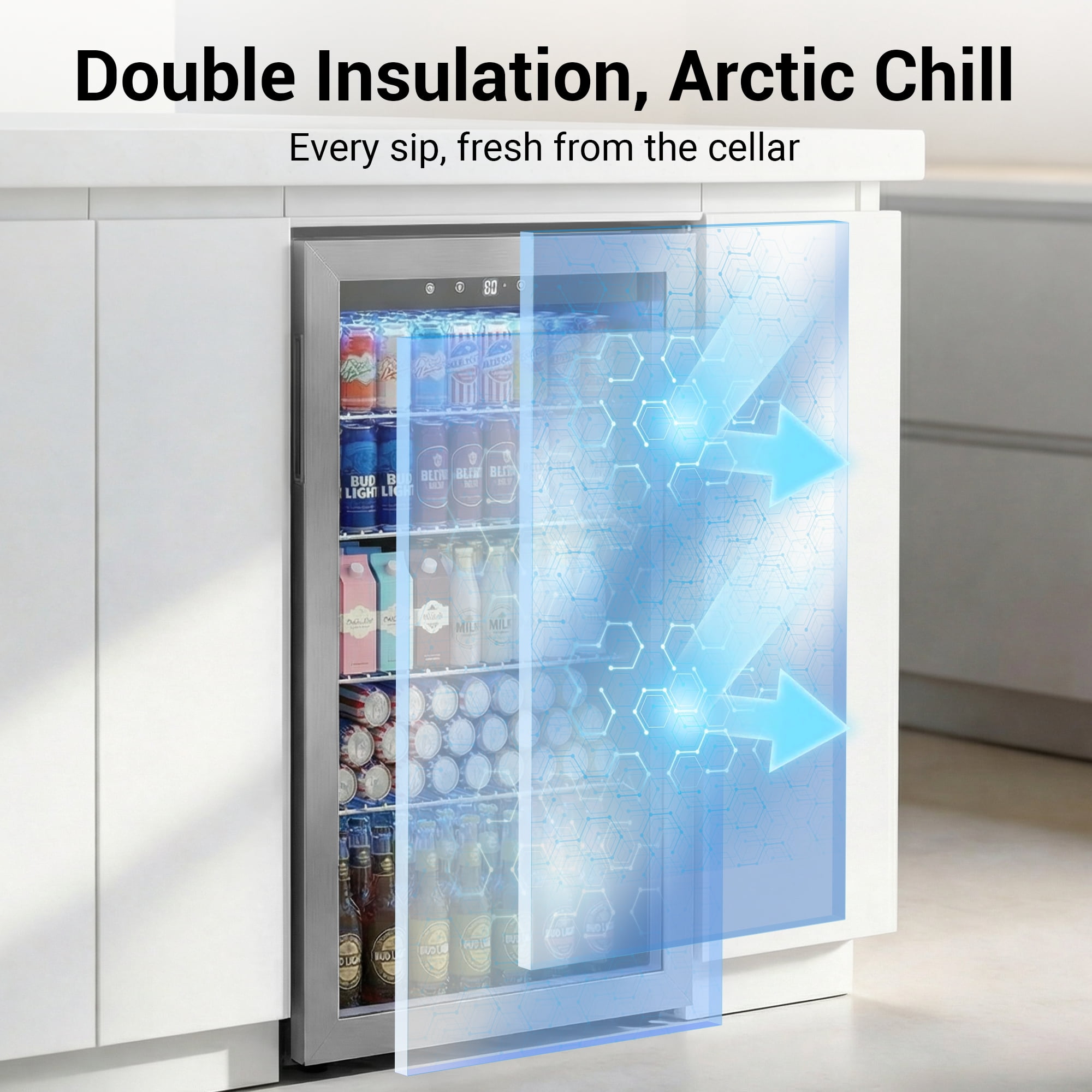 Snowyermine 150 Can Beverage Refrigerator and Cooler with Glass Door for Home, 20.67 in W, 31.4 in H, Silver