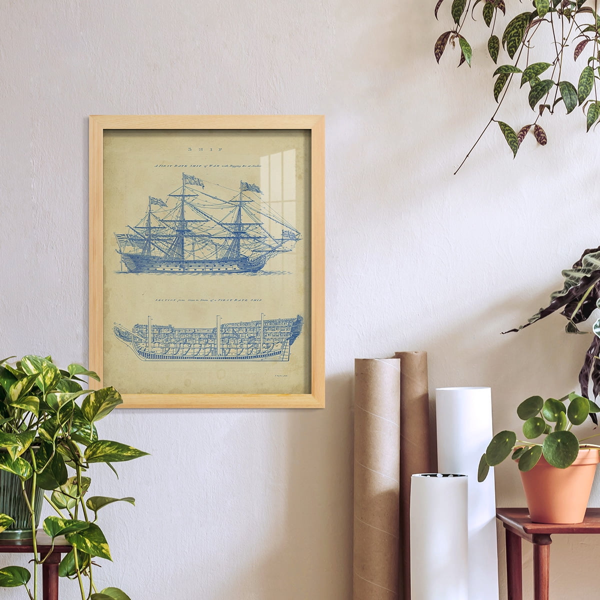 Vintage Ship Blueprint -Framed Print w/glass-Natural Wood