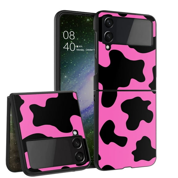 ANJ Hard Protective Printed Case Cover Compatible with Samsung Galaxy Z Flip 4 - Hot Pink Cow Print