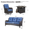thumbnail image 6 of POCASSY 4PCS Patio Furniture Set with Fire Pit Table, Brown Wicker Weather-Resistant Outdoor Conversation Set with Sofa, Swivel Patio Chair and 50000BTU Propane Fire Pit Ideal for Porch Deck in Blue, 6 of 20